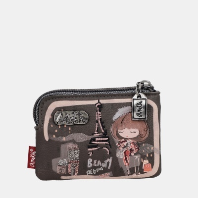 Porta-moedas tecido cinzento com ilustração e fecho de correr