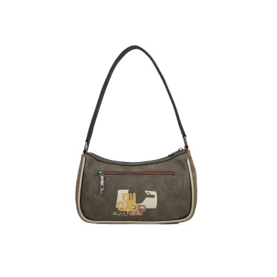 Mala de ombro sintética cinza com detalhes em beje e logo colorido