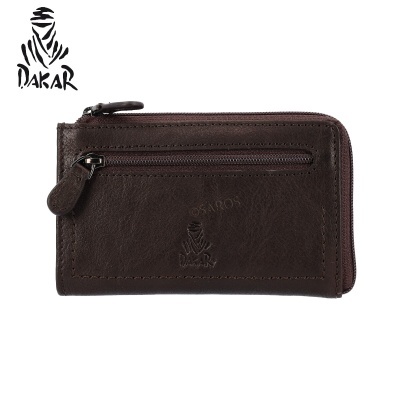 Carteira de pele castanha com fecho zip e logótipo Dakar