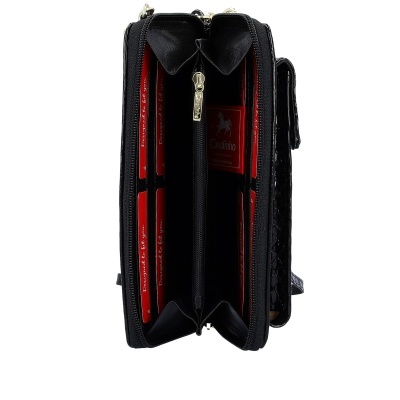 Carteira preta em pele com interior vermelho e fecho dourado