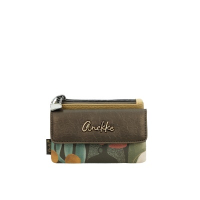 Carteira pequena Anekke com fecho, cores castanho, bege e padrões florais.