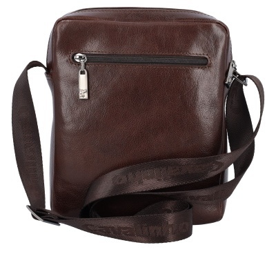 mala pequena de ombro em pele castanha escura com alça em tecido.