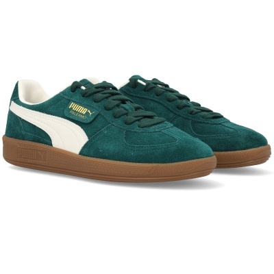 Sapatilhas PUMA camurça verde com detalhe branco e sola castanha