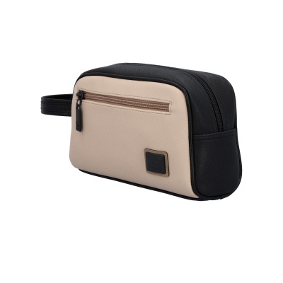 Necessaire bege e preta com fecho de correr e alça lateral