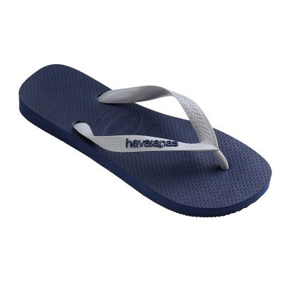 Chinelo havaianas azul escuro com tiras cinzentas e logo
