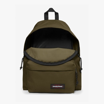 Mochila verde-oliva Eastpak com bolso frontal e interior preto aberto