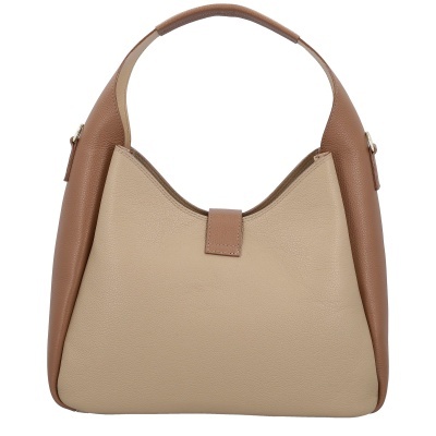 Mala de mão em couro bege e castanho com textura granulada