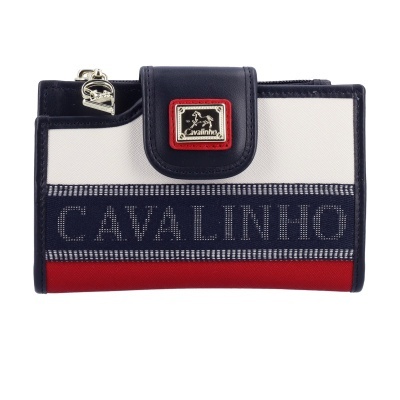 Carteira azul, branca e vermelha com logo Cavalinho em metal