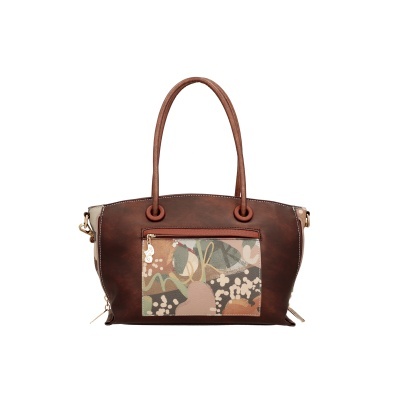 Mala castanha com bolso estampado e alças curtas