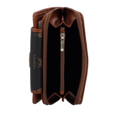 Carteira Cavallinho castanha com padrão preto e dourado e fecho de correr