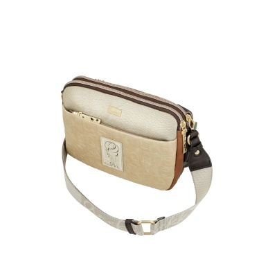 Mala tiracolo multibolsos castanha e bege com alça ajustável cinza