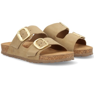 Sandálias castanhas claras com fivelas douradas e solado de cortiça