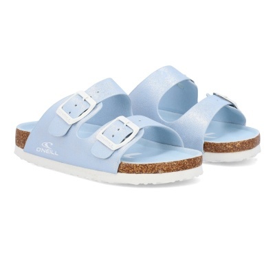 Sandálias azuis com fivelas e sola de cortiça