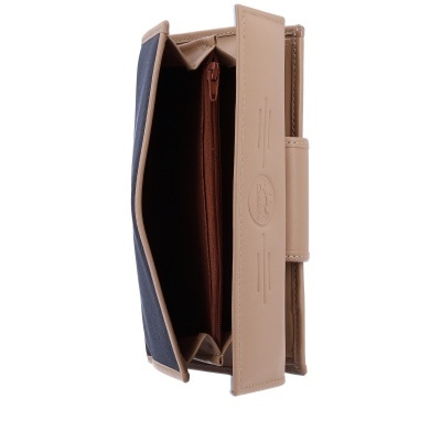 Carteira bege e azul escuro aberta mostrando interior e fecho de moedas