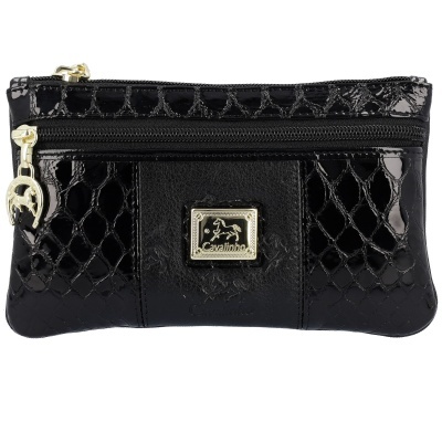 Porta-moedas preto com textura croco e fechos dourados