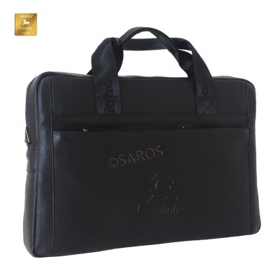 Mala preta de computador em pele sintética com pegas e bolso frontal