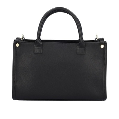 Mala tipo saco preta com alças arredondadas e pinos metálicos dourados