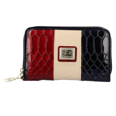Carteira retangular Cavalinho em verniz vermelho, bege e azul escuro com padrão pele de crocodilo