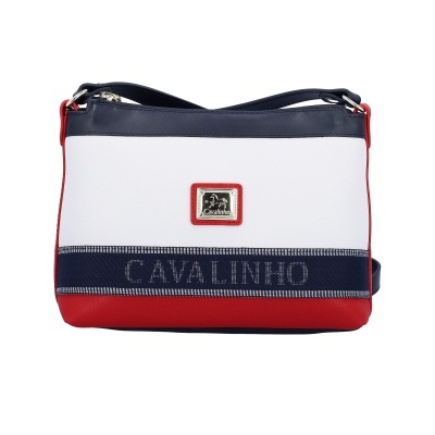 Mala de mão Cavalinho tricolor azul, branco e vermelho com detalhes em metal
