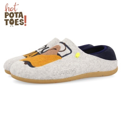 Chinelos cinzentos com estampa de batata com óculos e sola castanha clara