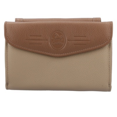 Carteira de couro bege e castanho com relevo da marca Cavallinho