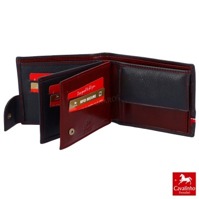 Carteira masculina em pele preta e vermelha com cartões e compartimentos