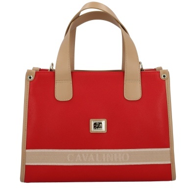 Mala de mão vermelha com detalhes bege e texto Cavallinho