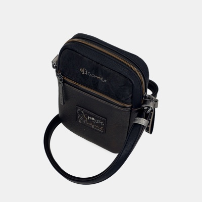 Pequena mala preta de tiracolo com bolso e fechos dourados