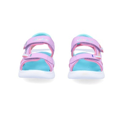 Sandálias infantis rosa e lilás com palmilhas azuis e sola branca