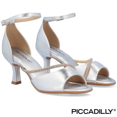 Sandálias femininas prateadas com salto médio e tira no tornozelo