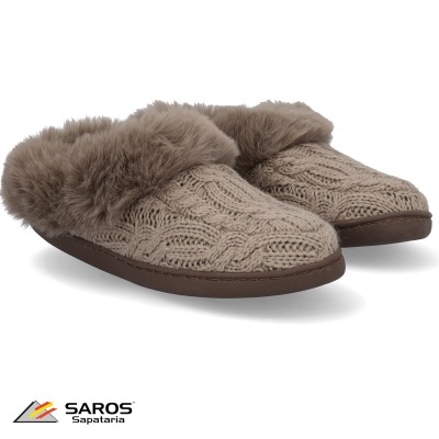 Chinelos pantufas castanhos de tecido tricotado e pelo sintético