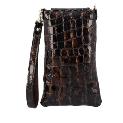 Bolsa pequena de mão com padrão de pele de crocodilo castanha e preta com alça destacável