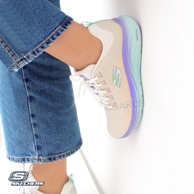 Ténis Skechers bege, lilás e branco com sola almofadada e logótipo 'S'