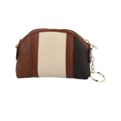 Bolsa pequena estilo carteira com fecho de correr em castanho claro, bege e castanho escuro com argola metálica dourada