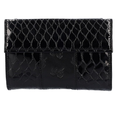 Carteira preta brilhante com padrão em relevo e borboletas