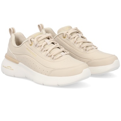 Sapatilhas desportivas bege claro com solado branco e detalhes dourados