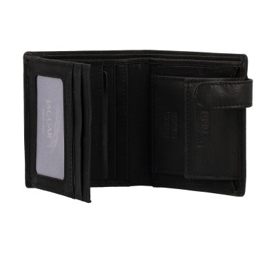 Carteira masculina preta de couro aberta com compartimentos para cartões e porta-moedas