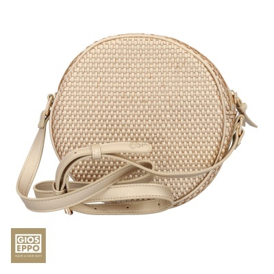 Mala redonda beige entrelaçada com alça ajustável