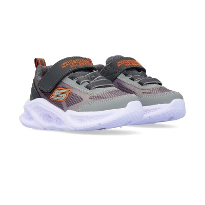 Ténis infantis Skechers S-Lights cinza, laranja e branco com fecho em velcro