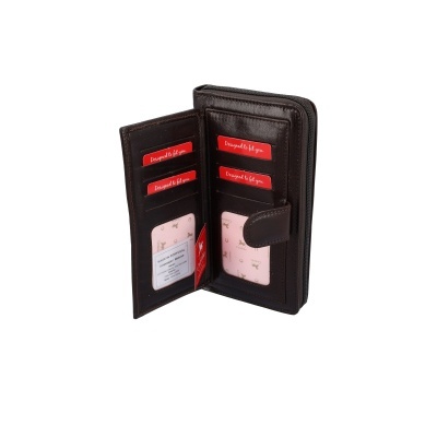 Carteira feminina em pele castanha com compartimentos para cartões e fecho