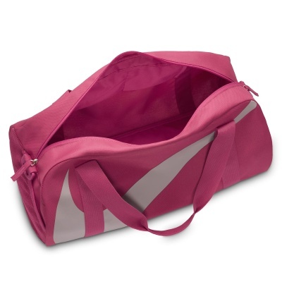 Saco de desporto rosa aberto com detalhes cinza claro e alças rosas