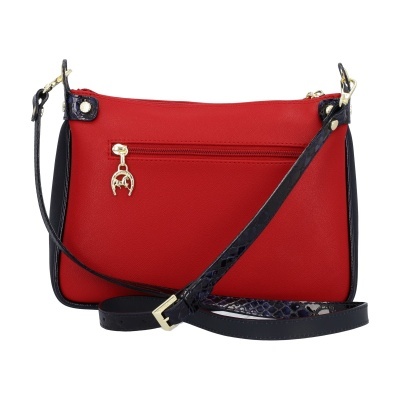 Mala de ombro vermelha com alça azul escuro e pendente metálico