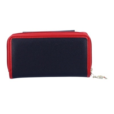 Carteira azul escura com bordas e fecho vermelhos