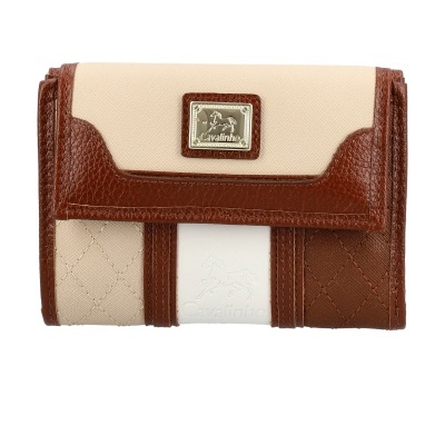 Carteira Cavalinho castanha, bege e branca com relevo e placa metálica
