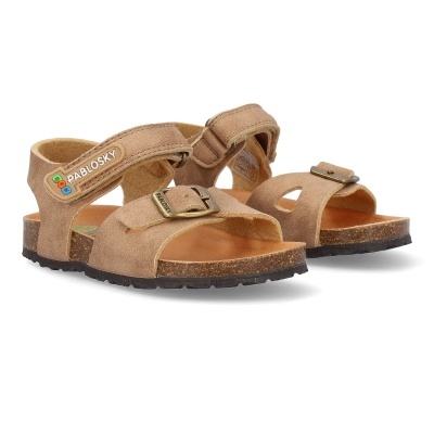 Sandálias castanhas claro de criança Pablosky com fivelas metálicas e fecho de velcro