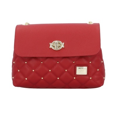 Mala vermelha de senhora com detalhes dourados e fecho metálico