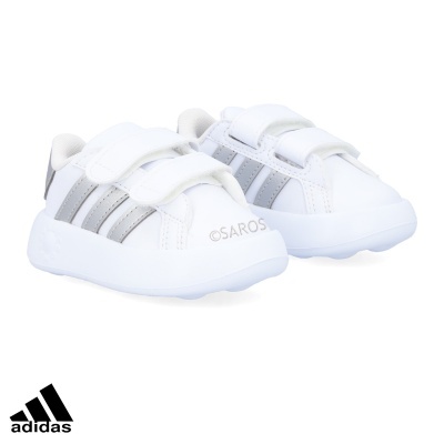 Sapatilhas infantis Adidas brancas com riscas cinzentas e fecho de velcro