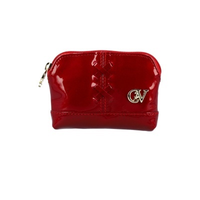 Carteira vermelho brilhante com fecho e logo metálico CV