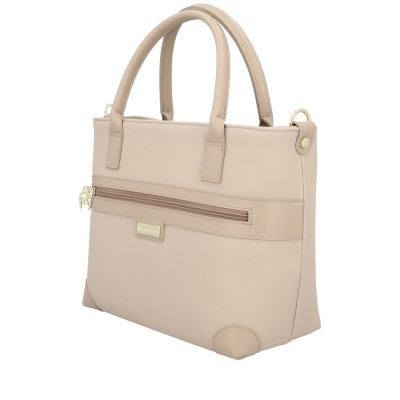 Mala feminina bege claro com alças duplas e fecho de correr frontal