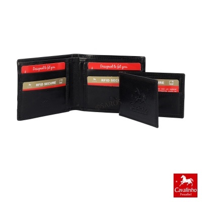 Carteira preta de couro com cartões e logótipo Cavalinho